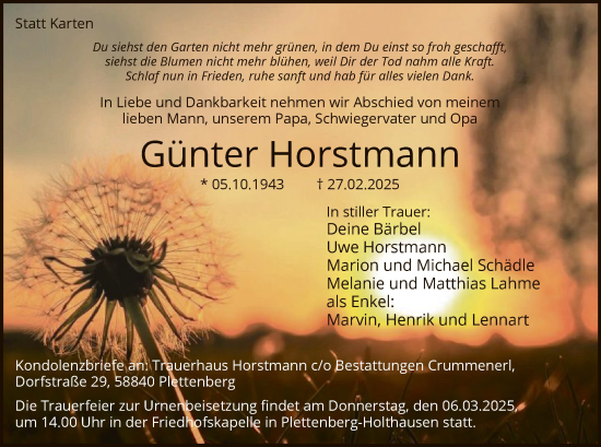 Todesanzeige von Günter Horstmann von WA
