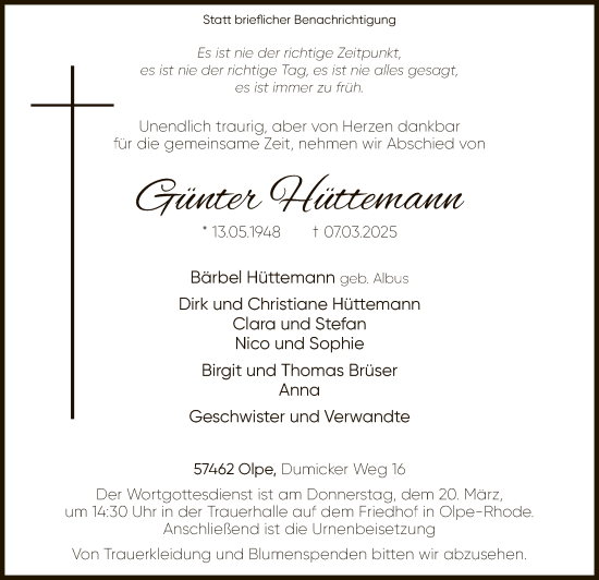 Todesanzeige von Günter Hüttemann von WA
