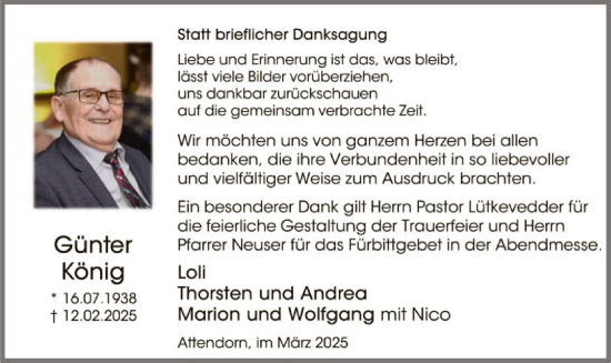 Todesanzeige von Günter König von WA
