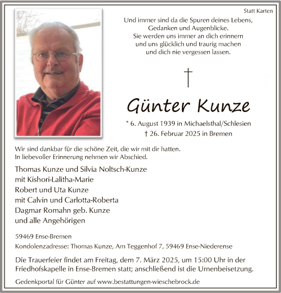 Todesanzeige von Günter Kunze von WA