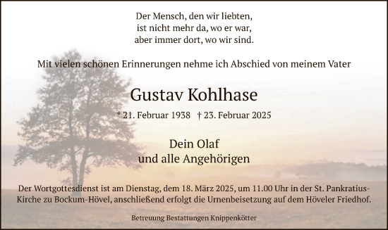 Todesanzeige von Gustav Kohlhase von WA