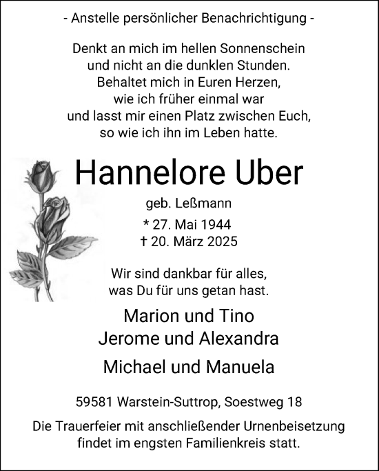 Todesanzeige von Hannelore Uber von WA