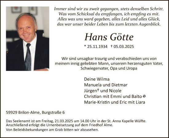 Todesanzeige von Hans Götte von WA