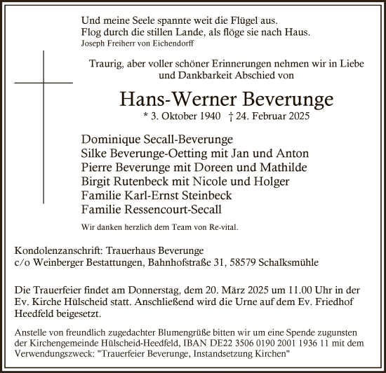 Todesanzeige von Hans-Werner Beverunge von WA