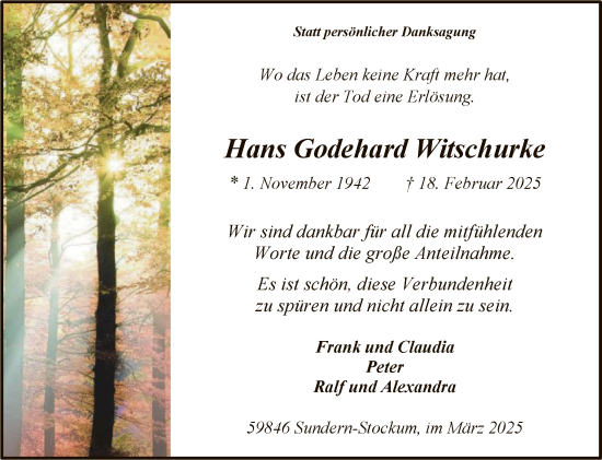 Todesanzeige von Hans Godehard Witschurke von WA