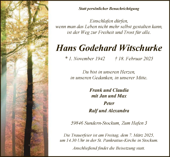 Todesanzeige von Hans Godehard Witschurke von WA