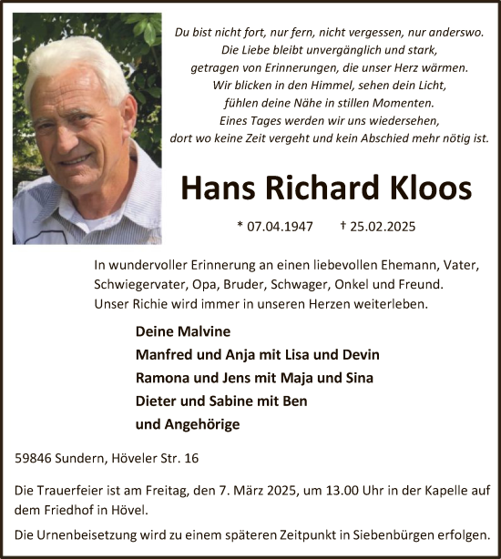 Todesanzeige von Hans Richard Kloos von WA