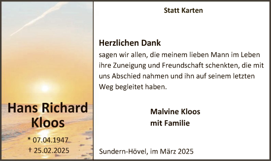 Todesanzeige von Hans Richard Kloos von WA