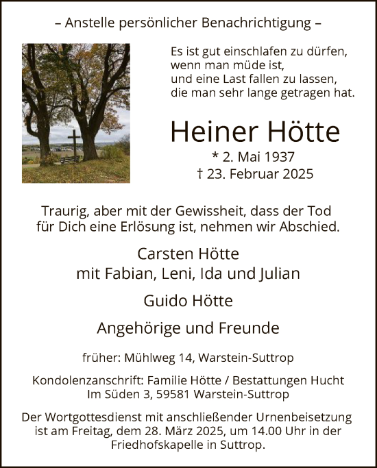 Todesanzeige von Heiner Hötte von WA