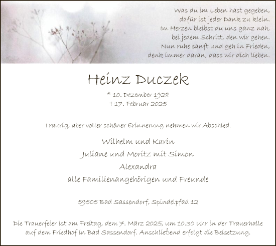 Todesanzeige von Heinz Duczek von WA