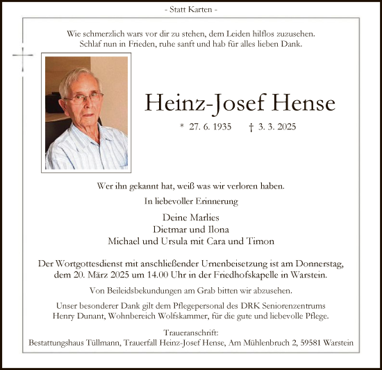 Todesanzeige von Heinz-Josef Hense von WA