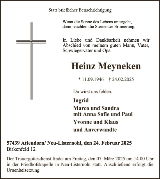 Todesanzeige von Heinz Meyneken von WA