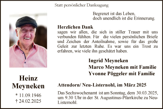 Todesanzeige von Heinz Meyneken von WA