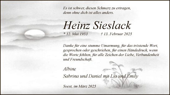 Todesanzeige von Heinz Sieslack von WA