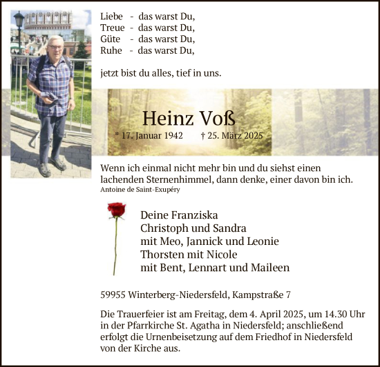 Todesanzeige von Heinz Voß von WA