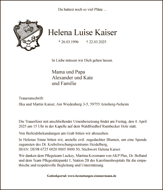 Todesanzeige von Helena Luise Kaiser von WA
