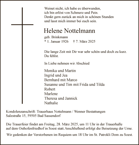 Todesanzeige von Helene Nottelmann von WA