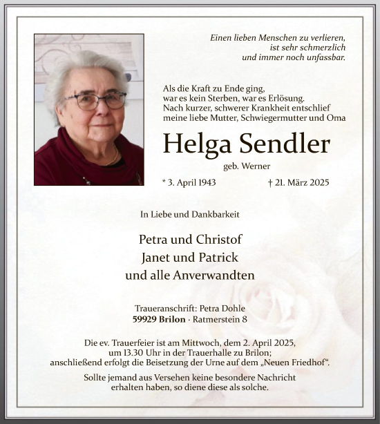 Todesanzeige von Helga Sendler von WA
