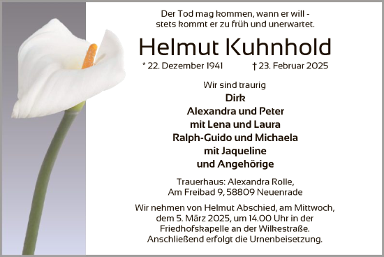 Todesanzeige von Helmut Kuhnhold von WA