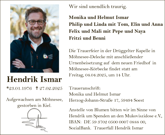 Todesanzeige von Hendrik Ismar von WA
