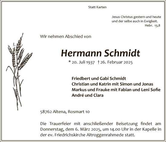 Todesanzeige von Hermann Schmidt von WA