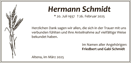 Todesanzeige von Hermann Schmidt von WA
