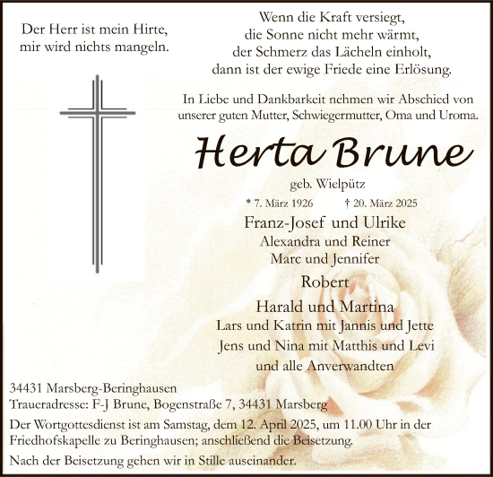 Todesanzeige von Herta Brune von WA