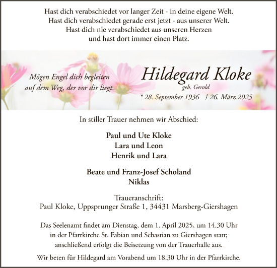 Todesanzeige von Hildegard Kloke von WA