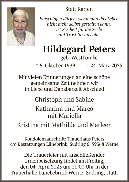 Todesanzeige von Hildegard Peters von WA