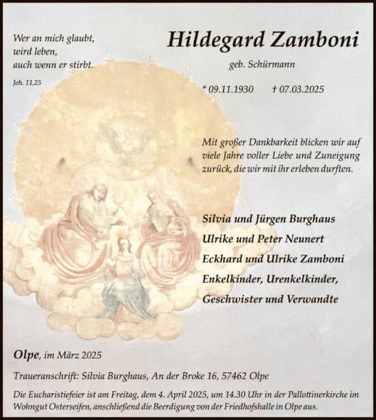 Todesanzeige von Hildegard Zamboni von WA