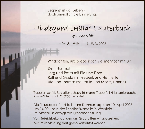Todesanzeige von Hildegard Hilla Lauterbach von WAWA