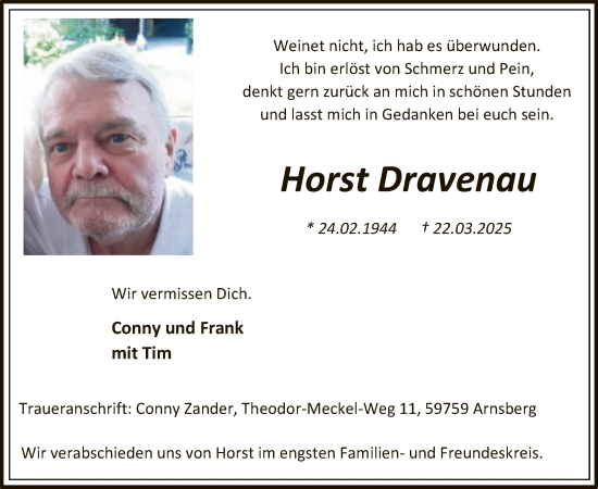Todesanzeige von Horst Dravenau von WA