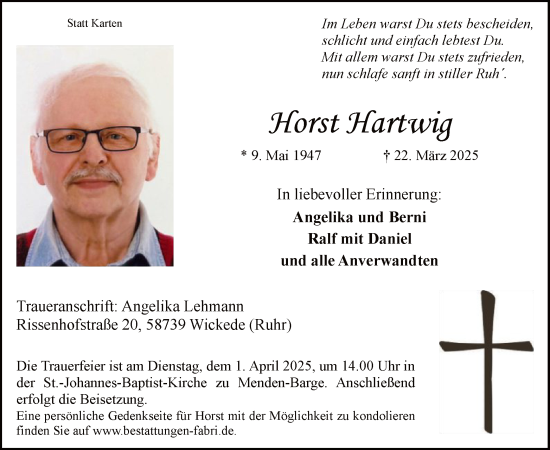 Todesanzeige von Horst Hartwig von WA