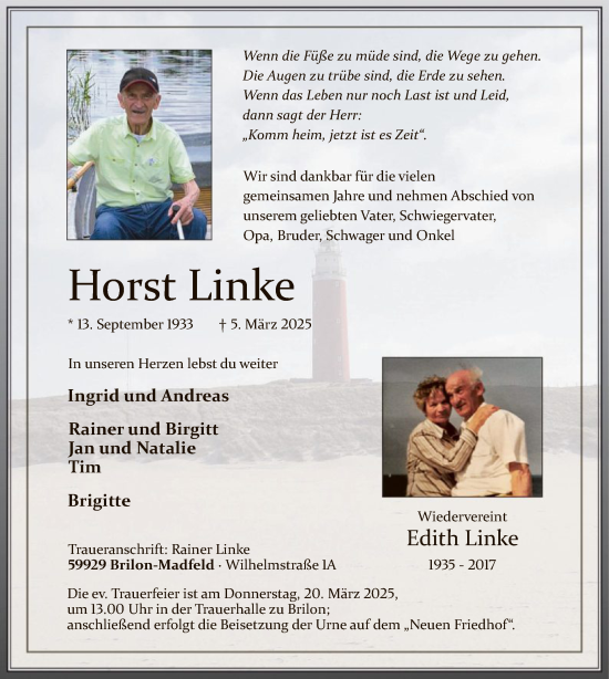 Todesanzeige von Horst Linke von WA