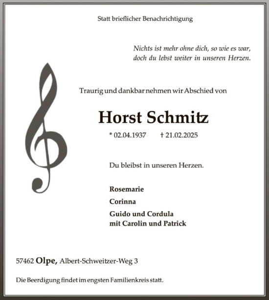 Todesanzeige von Horst Schmitz von WA