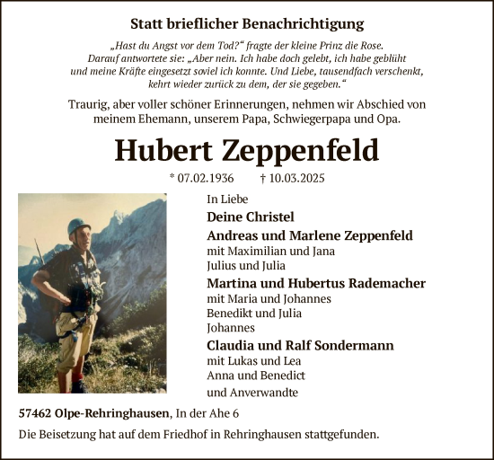 Todesanzeige von Hubert Zeppenfeld von WA