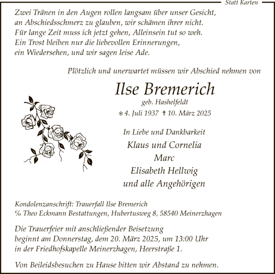 Todesanzeige von Ilse Bremerich von WA