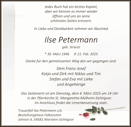 Todesanzeige von Ilse Petermann von WA