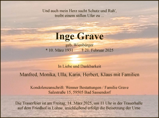 Todesanzeige von Inge Grave von WA