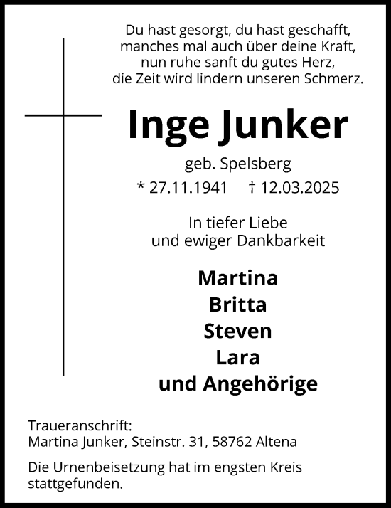 Todesanzeige von Inge Junker von WA