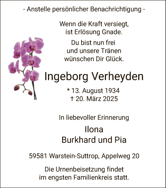 Todesanzeige von Ingeborg Verheyden von WA
