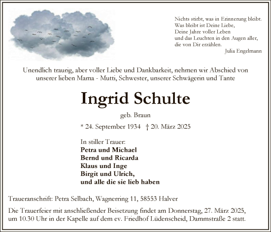 Todesanzeige von Ingrid Schulte von WA