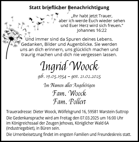 Todesanzeige von Ingrid Woock von WAWA