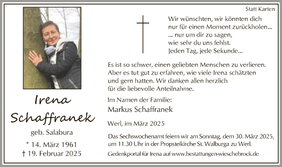 Todesanzeige von Irena Schaffranek von WA