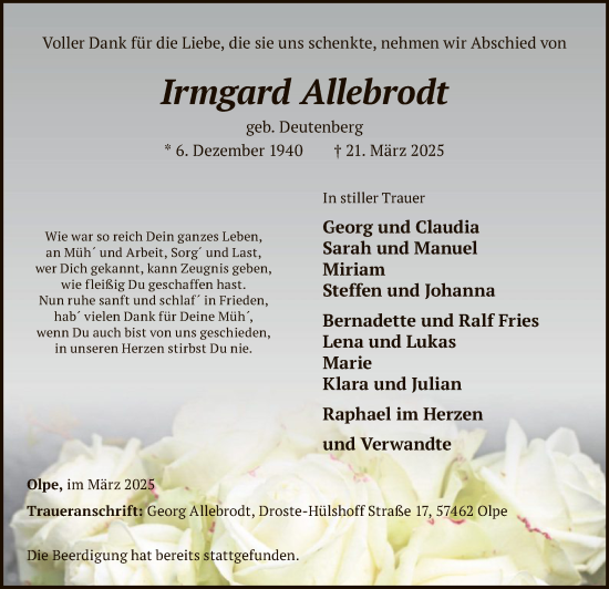 Todesanzeige von Irmgard Allebrodt von WA