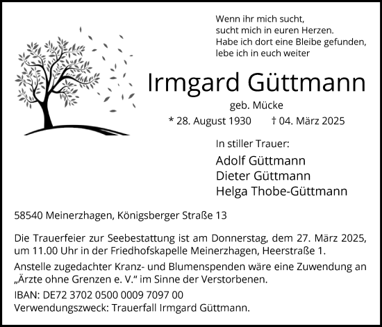Todesanzeige von Irmgard Güttmann von WA