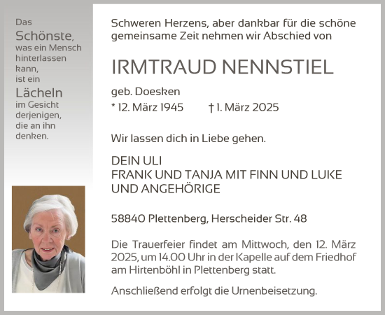 Todesanzeige von Irmgtraud Nennstiel von WA