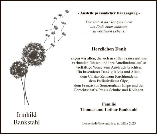 Todesanzeige von Irmhild Bankstahl von WA