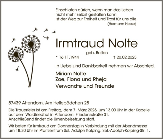 Todesanzeige von Irmtraud Nolte von WA