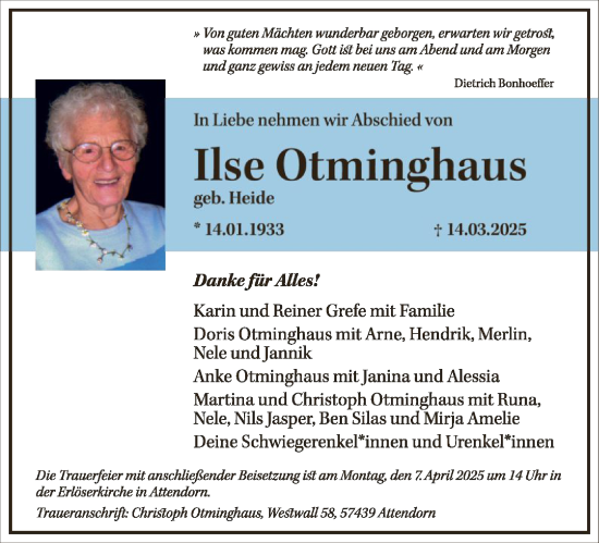 Todesanzeige von Ilse Otminghaus von WA